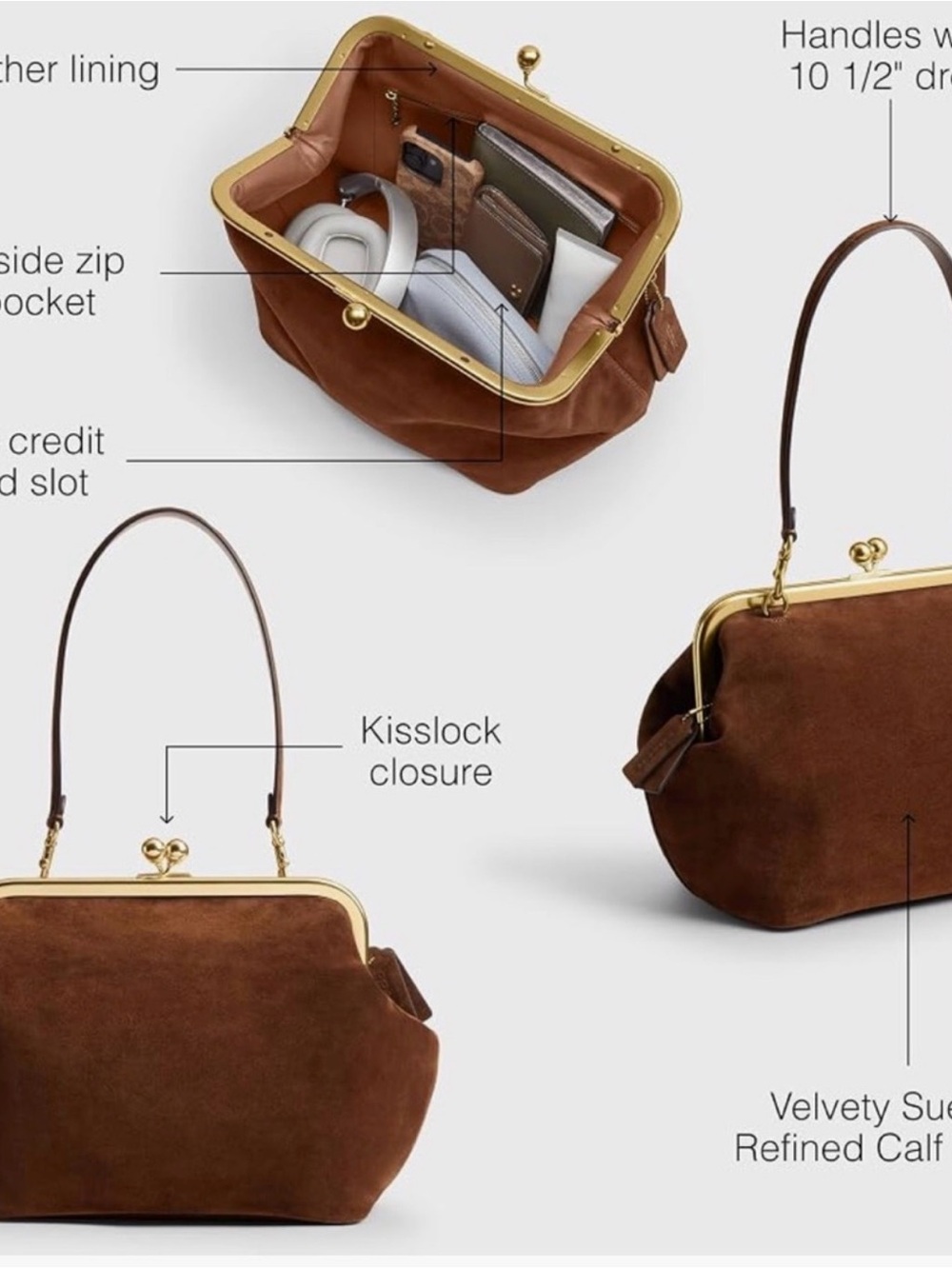 Coach Kisslock Frame Bag 27 Warm Brown Suede Brass NWT - Picture 15 of 15
